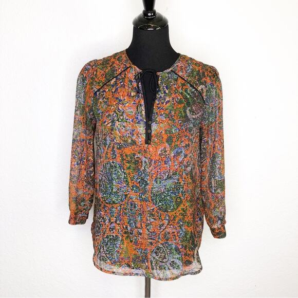 Anthropologie Edme & Esyllte orange floral semi sheer peasant top size 2 - Picture 1 of 13